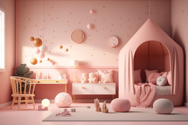 Różowy pokój z łóżkiem, stołem, lampą, stołem i krzesłem z różowym namiotem.