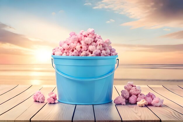 Różowy popcorn w jasnoniebieskim wiadrze stworzony za pomocą generatywnej technologii AI