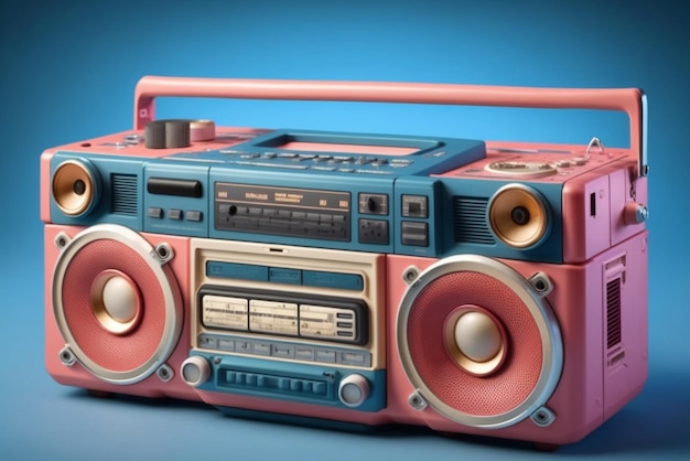 Zdjęcie różowy retro boombox ghetto blaster radio i magnetofon na niebieskim tle