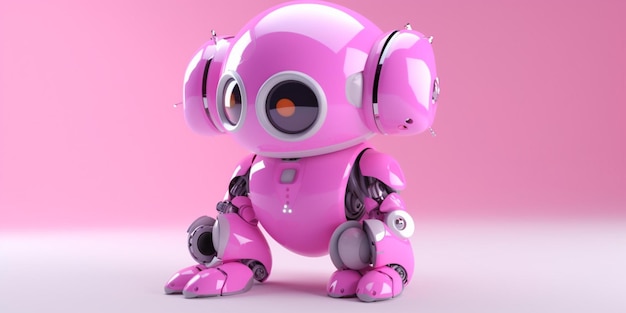 Różowy robot z różową głową i różową głową.