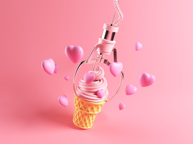 Różowy robotyczny metalowy pazur trzyma różowe lody z latającymi sercami Izolowany na różowym pastelowym tle Minimalna letnia koncepcja renderowania 3d