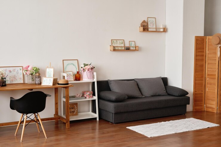 Zdjęcie różowy salon i kuchnia kawalerka wnętrze loftu półki i wiosenny wystrój w pokoju wynajem i dostawa mieszkań hostel i hotel