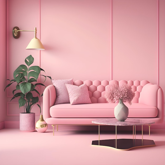 Różowy salon z kanapą i stolikiem kawowym z rośliną