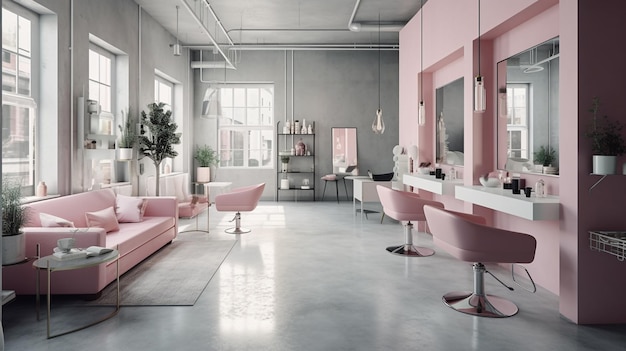 Różowy salon z lustrem i kanapą