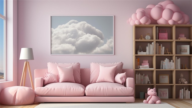 Różowy salon z różową kanapą i obrazem chmur na ścianie.