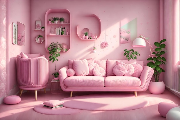 Różowy salon z sofą i półką z rośliną.