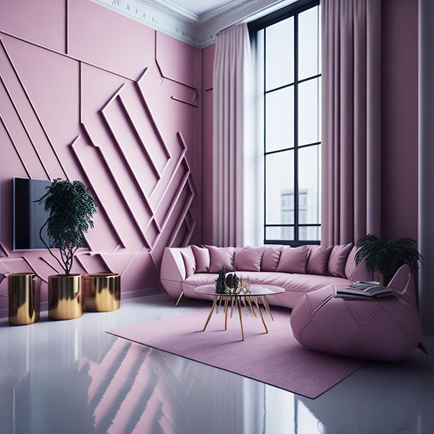 Różowy salon z wolną przestrzenią ze złotymi detalami