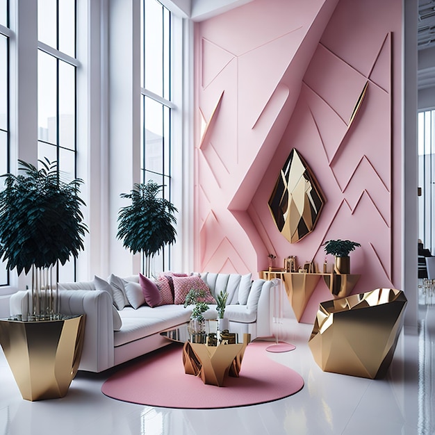 Różowy salon z wolną przestrzenią ze złotymi detalami