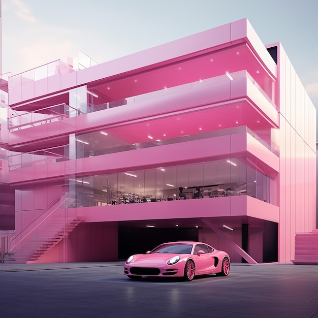 Różowy samochód jest zaparkowany przed różowym budynkiem.