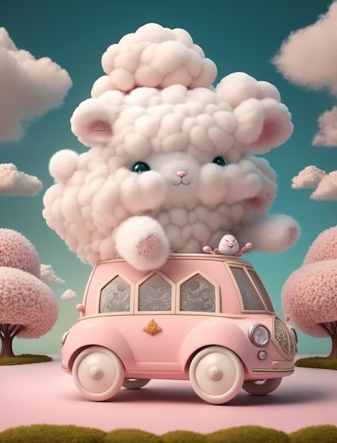 Różowy samochód z puszystą chmurką na górze