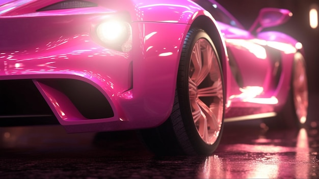 Różowy samochód z włączonymi światłami