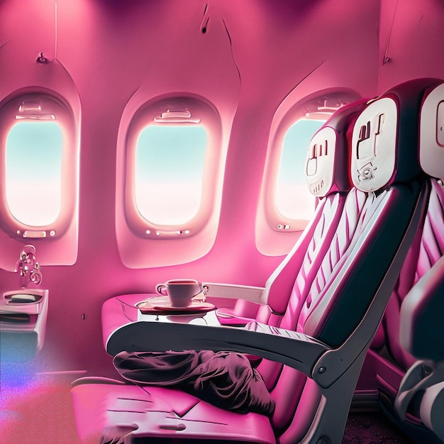 Różowy samolot z filiżanką herbaty na siedzeniu