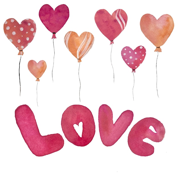 Różowy słowo miłość z balonami brzoskwiniowymi i różowym sercem. Ilustracje akwarelowe.
