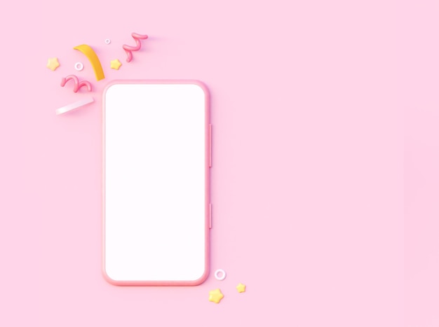Różowy smartfon z białym pustym ekranem ozdobionymi i świątecznymi elementami w postaci fajerwerków
