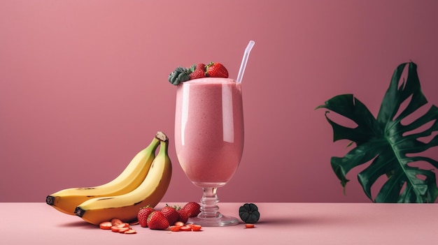 Różowy smoothie z bananami i truskawkami na stole.