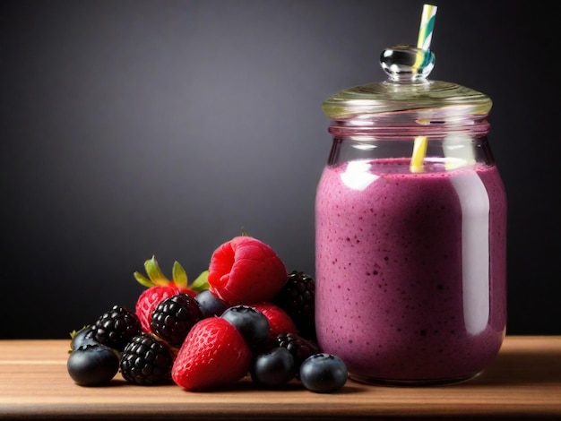 Zdjęcie różowy smoothie z jagód w przezroczystym słoiku z owocami i jagodami na czarnym tle