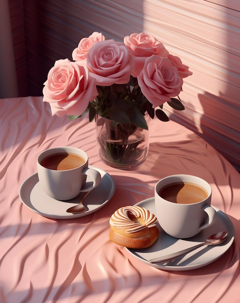 Różowy stolik z dwoma filiżankami kawy i wazonem z różami.