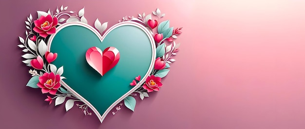 Różowy szeroki baner na Dzień Walentynek z znakiem serca i wzorem kwiatowym