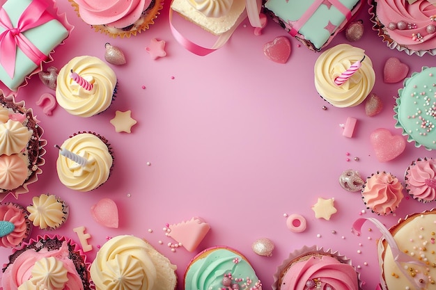 różowy tort urodzinowy na różowym tle z znakiem mówiącym urodzina