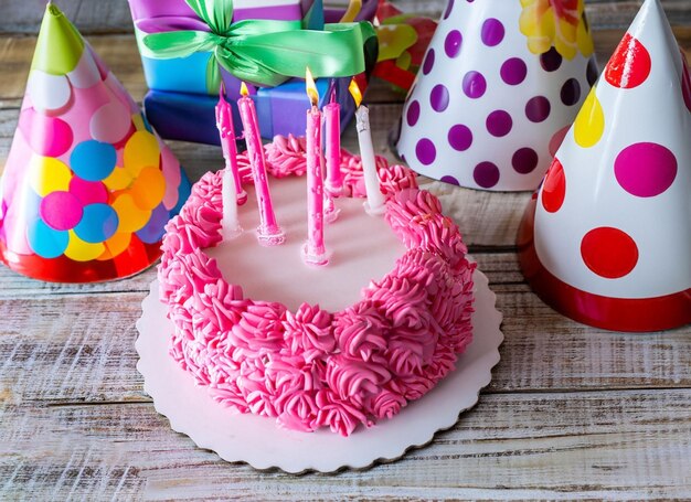 Różowy tort urodzinowy ze świeczkami obok pudełka na prezent.