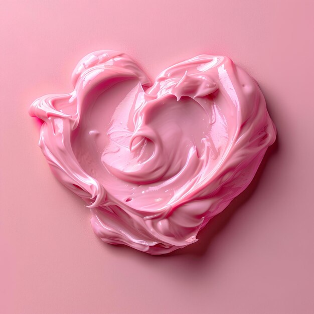 Różowy tort w kształcie serca na różowym tle z wirem lody na górze i różowym