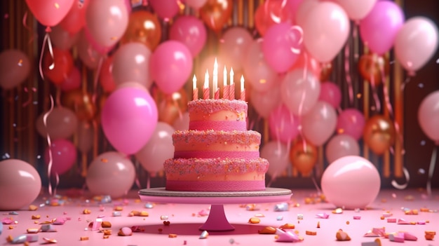 Różowy tort z numerem 2 leży na stole z balonami i napisem urodziny.