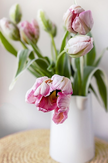 Różowy tulipanowy bukiet kwiatów z zielonymi świeżymi łodygami w białym porcelanowym wazonie na białym tle ściany Żywy kolorowy botanika kwiatowy pomysł na wystrój domu