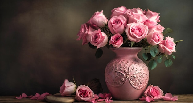 Różowy wazon w kształcie serca zawiera różowe róże i prezenty