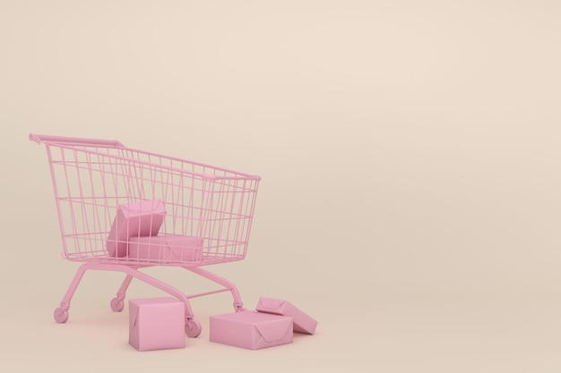 Różowy wózek do supermarketu 3D i pudełka na prezenty