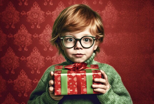 Zdjęcie rozpakowując oczekiwania, nosząc okulary, dziecko z prezentem świątecznym