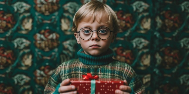 Zdjęcie rozpakowując oczekiwania, nosząc okulary, dziecko z prezentem świątecznym