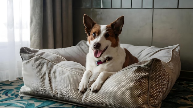 Rozpieszczony Pooch relaksujący się w luksusowym koncepcie Dog Spa Przyjemne koce Pokój relaksacyjny