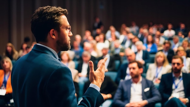 Rozproszenie uwagi mówcy mówiącego o publiczności konferencji biznesowej w sali konferencyjnej