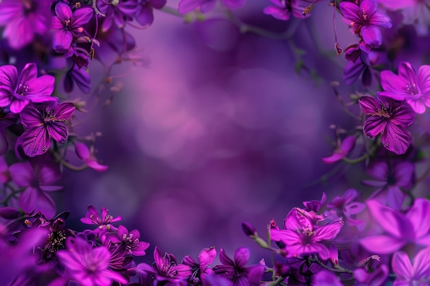 Rozproszone fioletowe kwiaty ułożone w kółko na wielokolorowych kwiatach tła