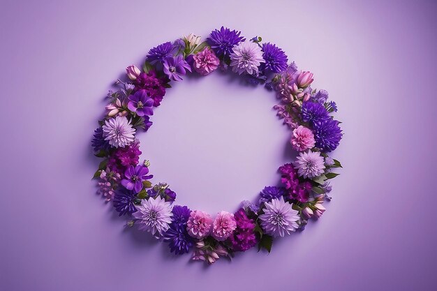 Rozproszone fioletowe kwiaty ułożone w kółko na wielokolorowym tle