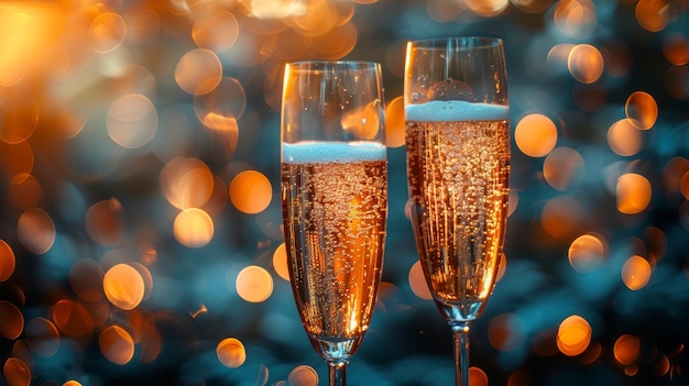 Rozproszone światła bokeh i złoty błysk na niebieskim abstrakcyjnym tle Święto toastu szampana