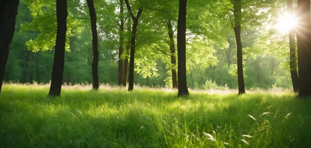 Zdjęcie rozproszone zielone drzewa w lesie lub parku z dziką trawą i promieniami słońca