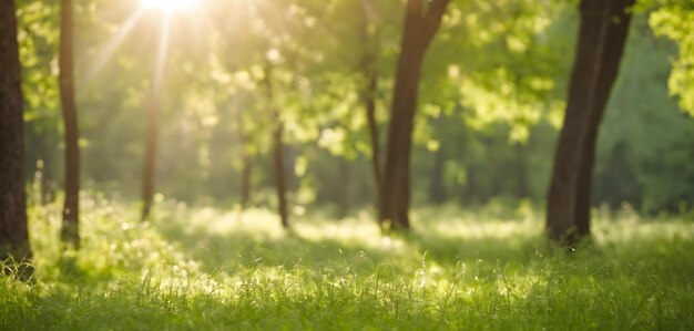Rozproszone zielone drzewa w lesie lub parku z dziką trawą i promieniami słońca