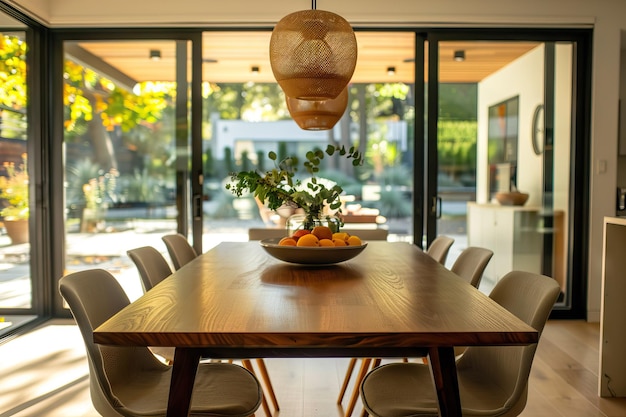 Rozproszony, jasny, nowoczesny stół jadalny ze szklanymi drzwiami na tle