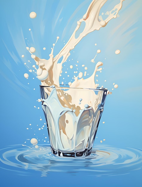 rozpryskiwania płynnego mleka na niebieskim tle Ai generatywne