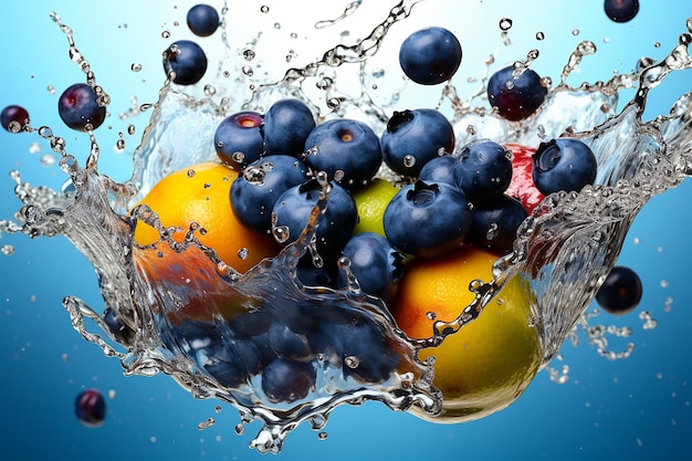 Rozpryskiwania wody z jagód i owoców pomarańczy pod wodą tworzy odświeżający wyświetlacz