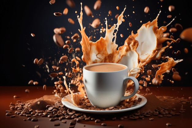Rozpryskiwanie kawy latte w szklanym kubku Generatywna ilustracja AI