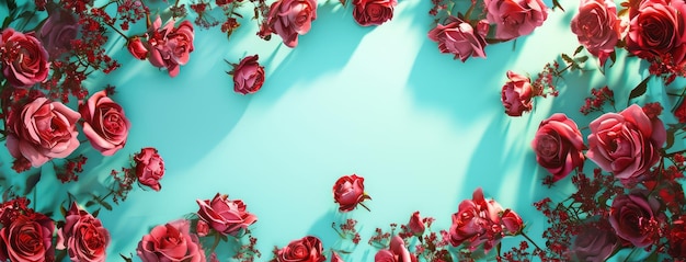Rozrzucone róże z dramatycznymi cieniami na niebieskim