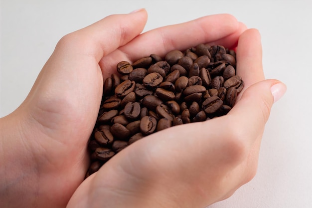rozrzucone ziarna kawy w kobiecych rękach na białym tle