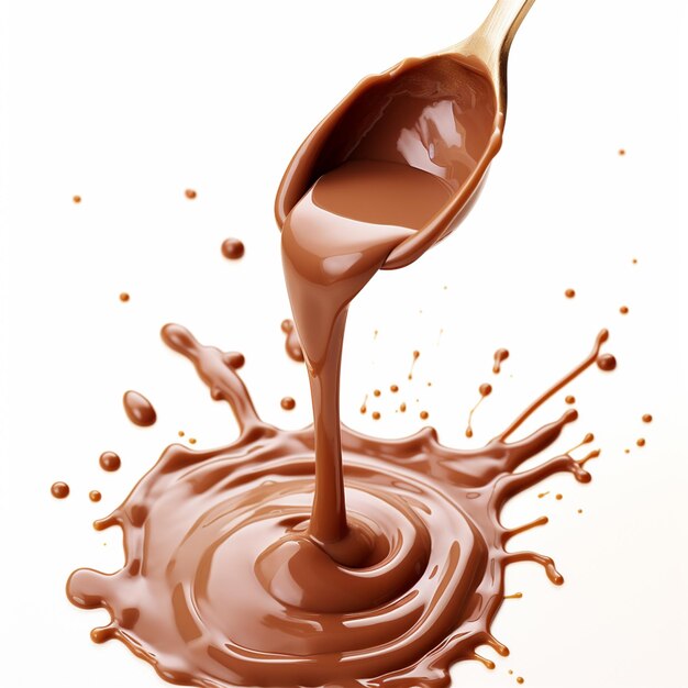 Roztopiona czekolada mleczna wylewana z łyżek wyizolowanych na białym