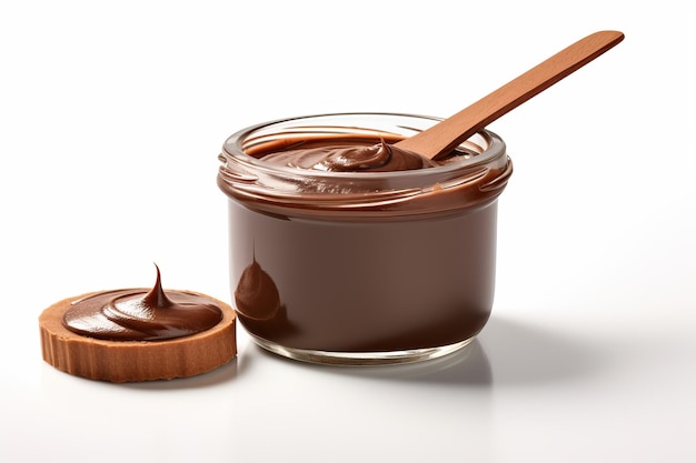 Roztopiona czekolada w szklanym słoiku z drewnianą łyżką na białym tle