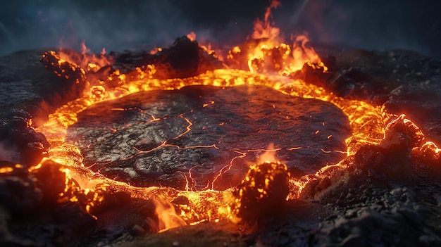 Zdjęcie roztopiona skała świeci i pęcherzykuje w kraterze wulkanicznym