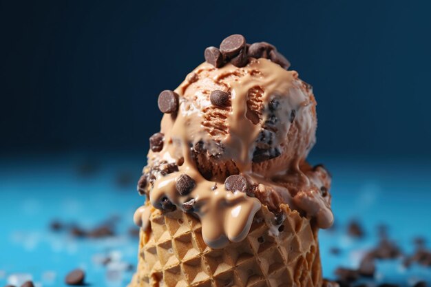roztopiony rożek do lodów z czekoladą na niebieskim tle