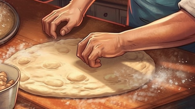 Rozwałkuj ciasto rozszerzającą się chmurę mąki Zbliżenie dłoni piekarza szefa kuchni w mundurze bl Generative AI