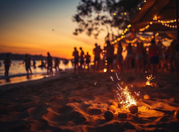 Rozwija się tętniąca życiem scena imprezy na plaży Sylwetki ludzi cieszą się nocnym spotkaniem na plaży podczas letnich wakacji Ilustruje tętniące życiem życie nocne wraz z koktajlami i rozrywką muzyczną